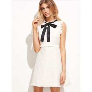 Women Chic Bow Tie Neck Frayed Trim Tweed Dress 8